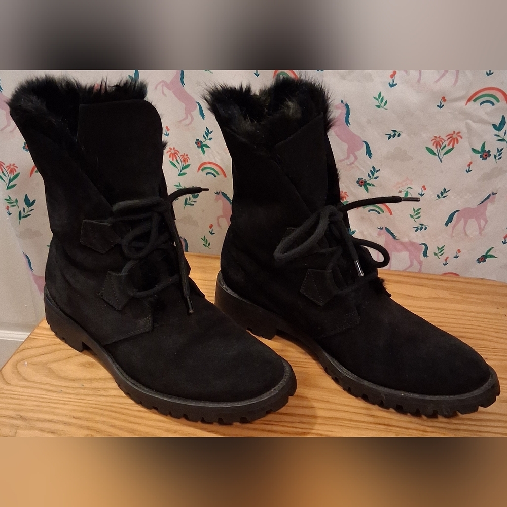 EUC Tapeet Vicini Giuseppi Zanotti Italy Black Suede Rabbit Fur Luxury Boot SZ 9